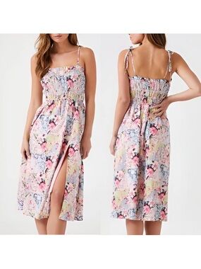 Forever 21 Cottagecore Beach Linen Blend Tie Shoulder Floral Midi Dress Small.